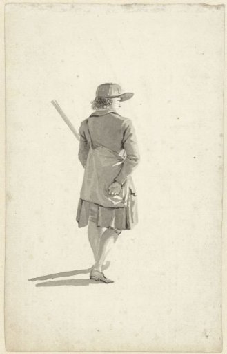 Standing man with hat, in white shirt and breeches, seen from behind