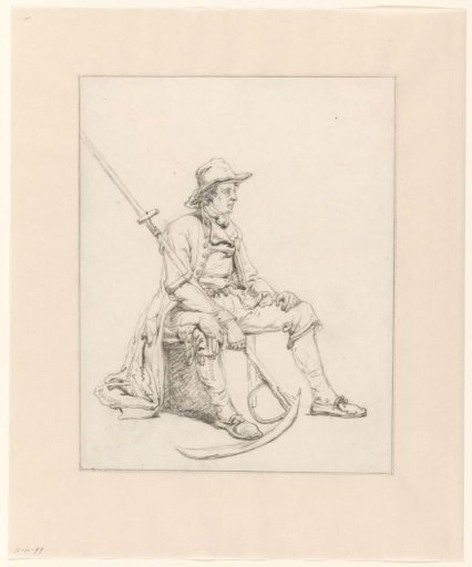 Study of a seated man, with a scythe