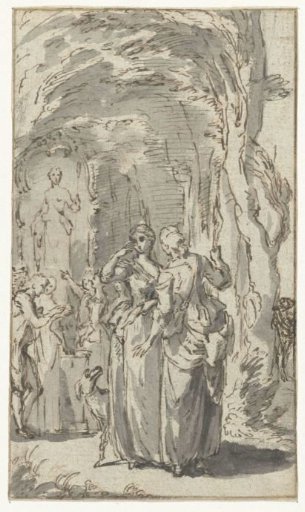 Illustration design with two young women and a dog