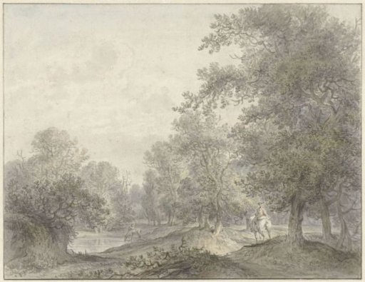 Wooded landscape with rider and pond