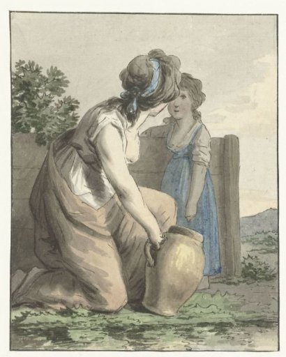 Crouching woman talking to a standing girl