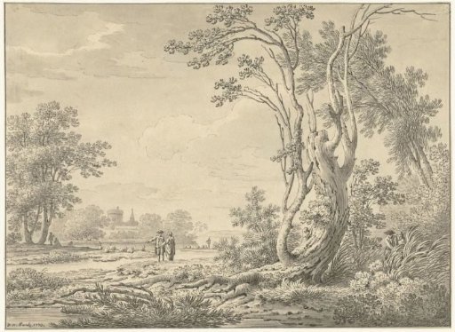 Southern landscape with castle, cattle and walkers