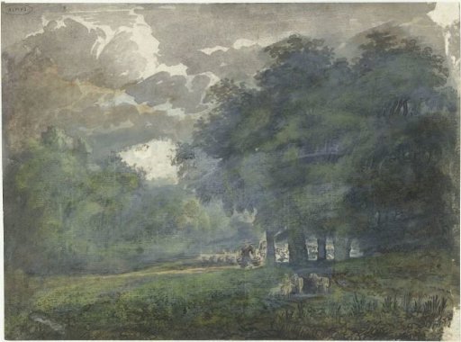 Shepherds with flock in wooded landscape