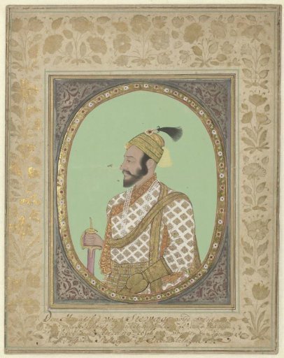 Portrait of Maratha ruler Shivaji with extensive Dutch inscription on the ornate frame