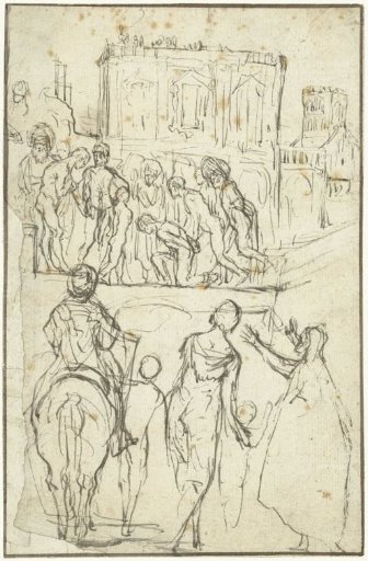 Court scene with a bound prisoner