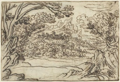 Landscape with distant view of a fortified town on a mountain plateau