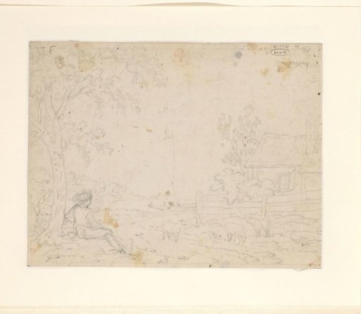 Sketch of a landscape with a shepherd boy under a tree