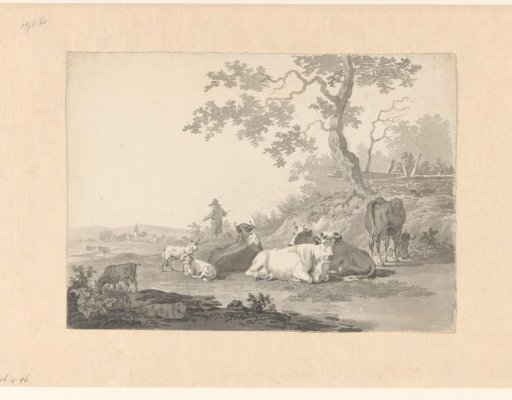 Shepherd with resting cattle near a small hill