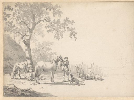 Young man with horse and dog among other resting cattle under a tree