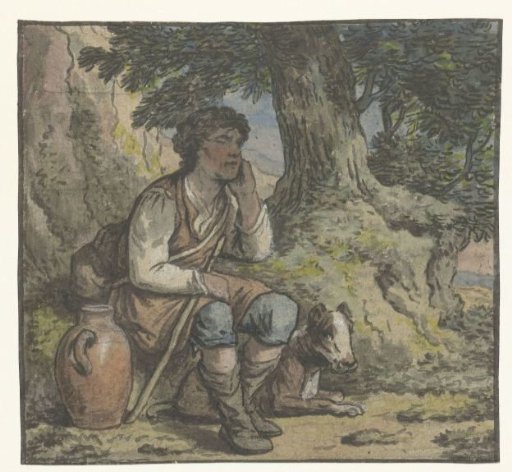 Boy under a tree with a dog and a jug