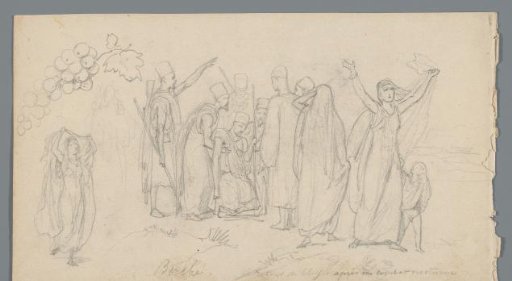 Composition with a group of Egyptian soldiers including a wounded man, a dancing woman, and a bunch of grapes