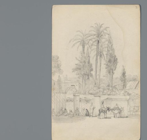 Resting Egyptians by a garden wall
