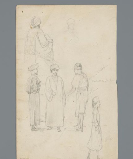 Composition with a seated figure, three standing figures, and a walking figure