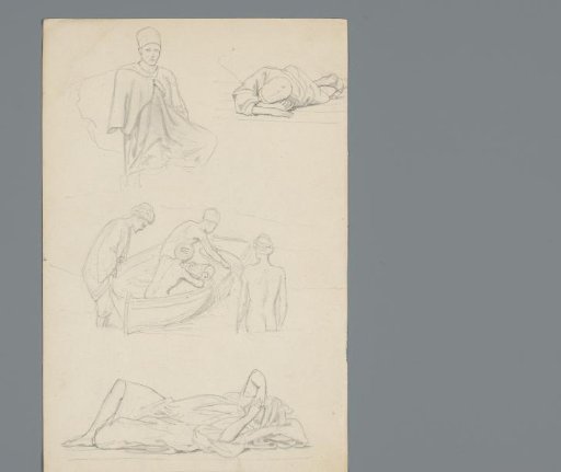 Reclining figures and naked men by a rowing boat