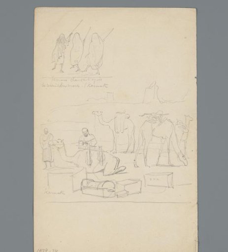 Composition with three dancing women and laden camels
