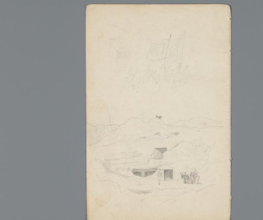 Composition with rock tombs and figures with flags