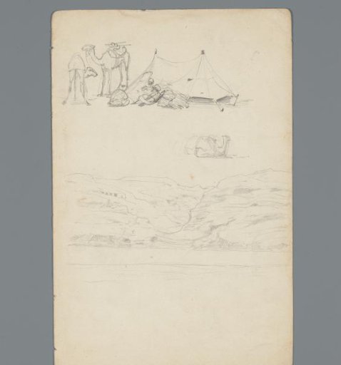 Composition with a camp and mountain landscape
