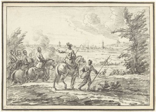 Riders on a hill before a town