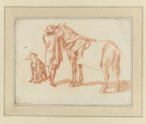 Rider next to a horse and a dog