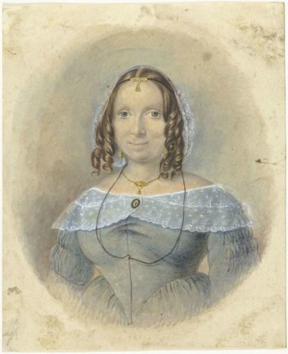 Woman in a blue jacket with a lace shoulder collar