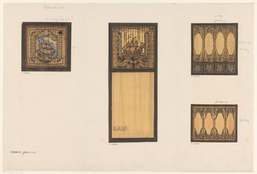 Designs for four stained-glass windows with ships and ornaments