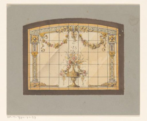 Design for a stained-glass window with a flower vase and garlands
