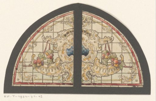 Design for a stained-glass window with a cartouche containing bouquets of flowers