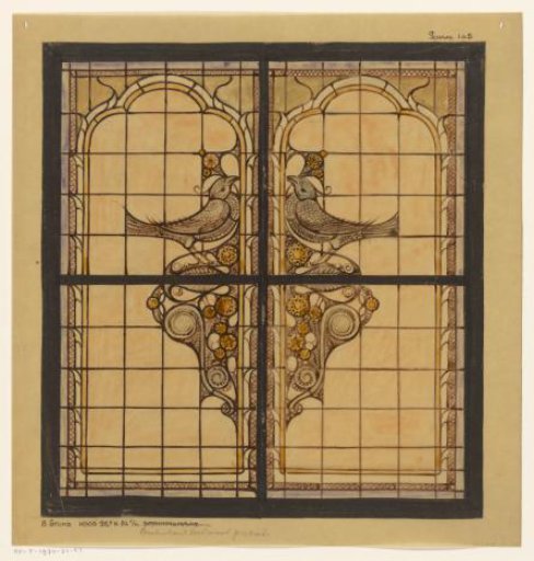 Design for a stained-glass window with two birds and ornaments
