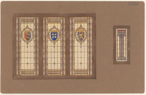 Designs for four stained-glass windows, three of which with heraldic arms