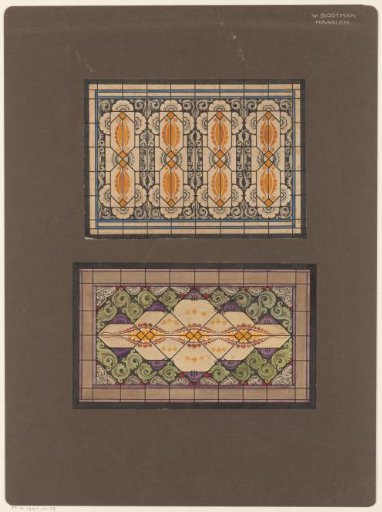 Designs for two stained-glass windows with floral ornaments and scrollwork