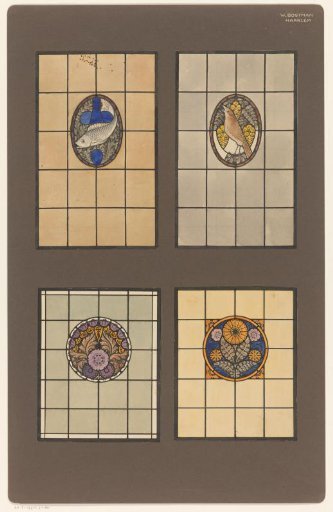 Designs for four stained-glass windows with a fish, a bird and flowers
