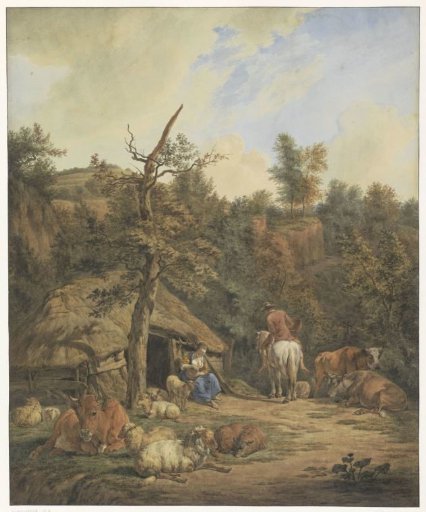 Shepherd, shepherdess and cattle resting in front of a ruined stable