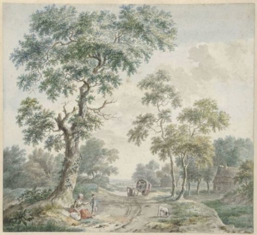Forest glade with farmhouses and a sandy path