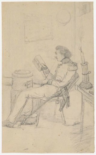 Study sheet with five head and figure studies of a seated, reading soldier by a stove