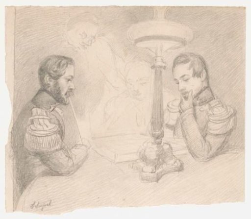 Two officers seated at a table (left Schepel, right self-portrait?)