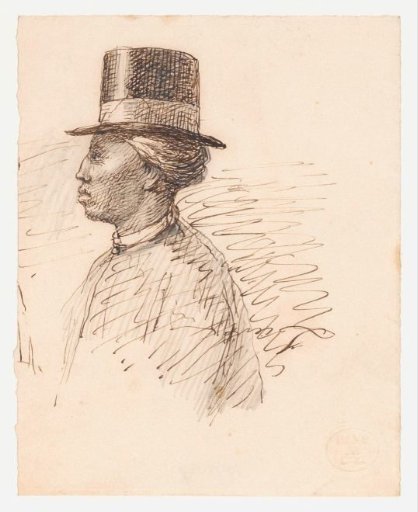 Portrait of a man in the Dutch East Indies with a tall hat, in profile
