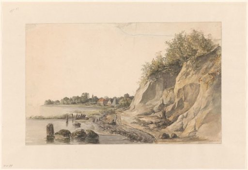 Rocky riverbank, with a few houses in the background