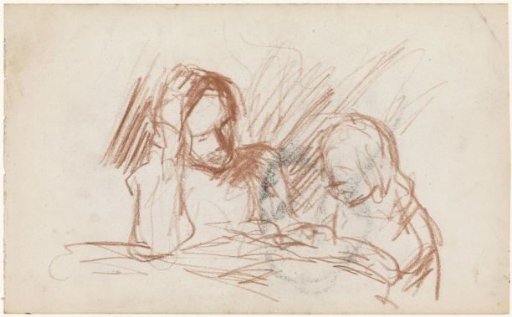 Sketch of two reading girls at a table
