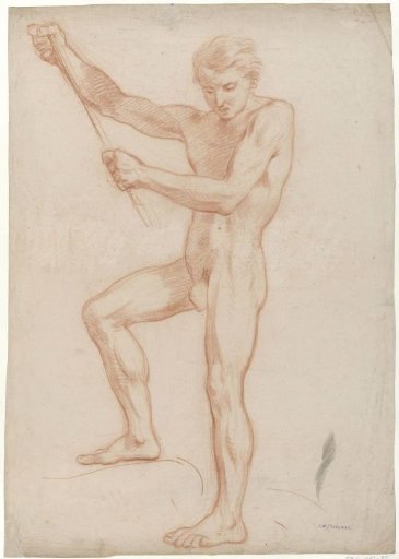 Standing Male Nude, Holding a Stick in Raised Arms