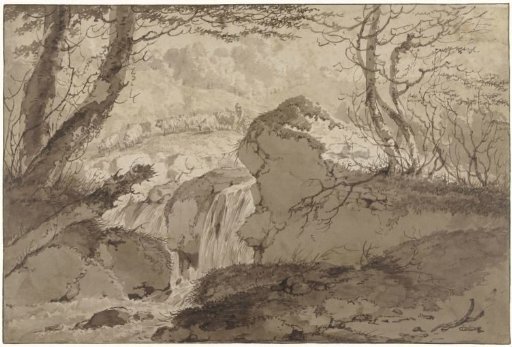 Mountain landscape with a waterfall among trees, along which a shepherd leads his flock