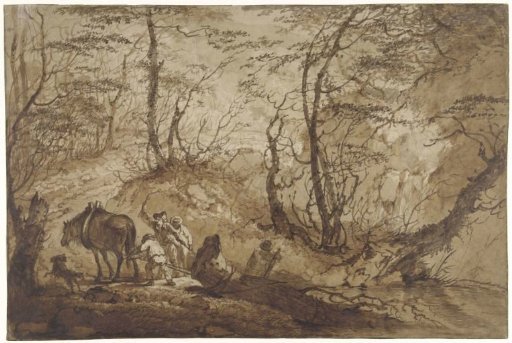 On a forest path a horse pulls a tree from a pool, under the guidance of four men
