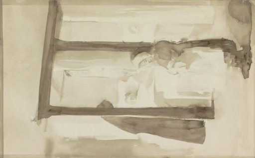 Interior with a girl and a woman by a man on a sickbed