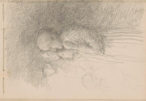Four figures, including a man and an old woman, in profile to the left