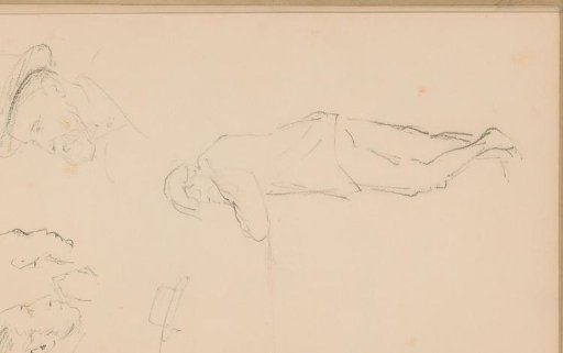 Men's heads and a standing man leaning on a wall with his arms