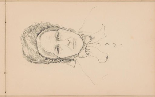 Head of an older woman with a cap tied under the chin