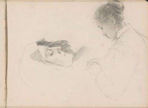Head of a nun and a woman doing needlework