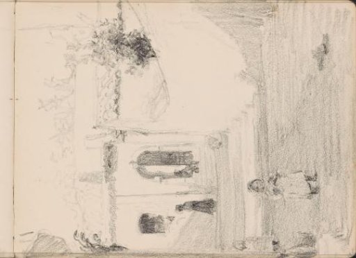 Figures on a staircase leading to a house