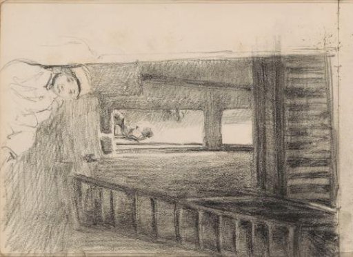 Seated boy in an interior with a ladder to a loft