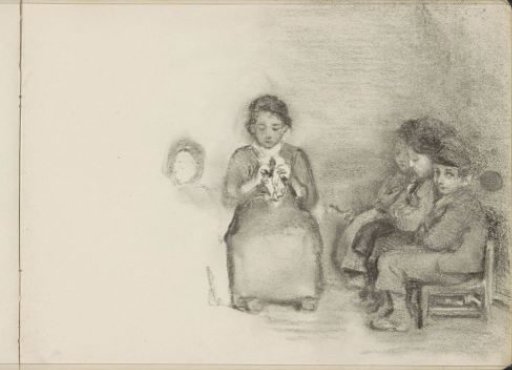 Working Girl and Three Children Sitting on a Bench with Crossed Arms