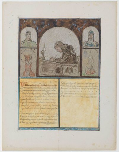 Design for illustration (fol. 1): Van den Vos Reinaerde, In the middle the writer Willem